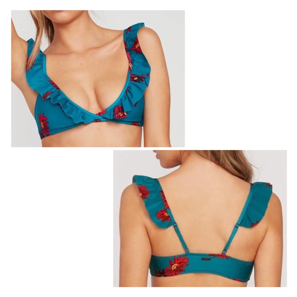 NWT VOLCOM good to grow floral bikini swim top stormy blue & red size S women's